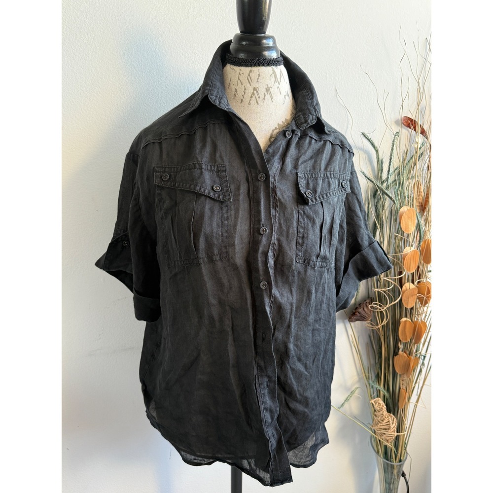 Zimmermann Womens Black 100% Ramie Utility Short Sleeve Button Down Shirt Size 0